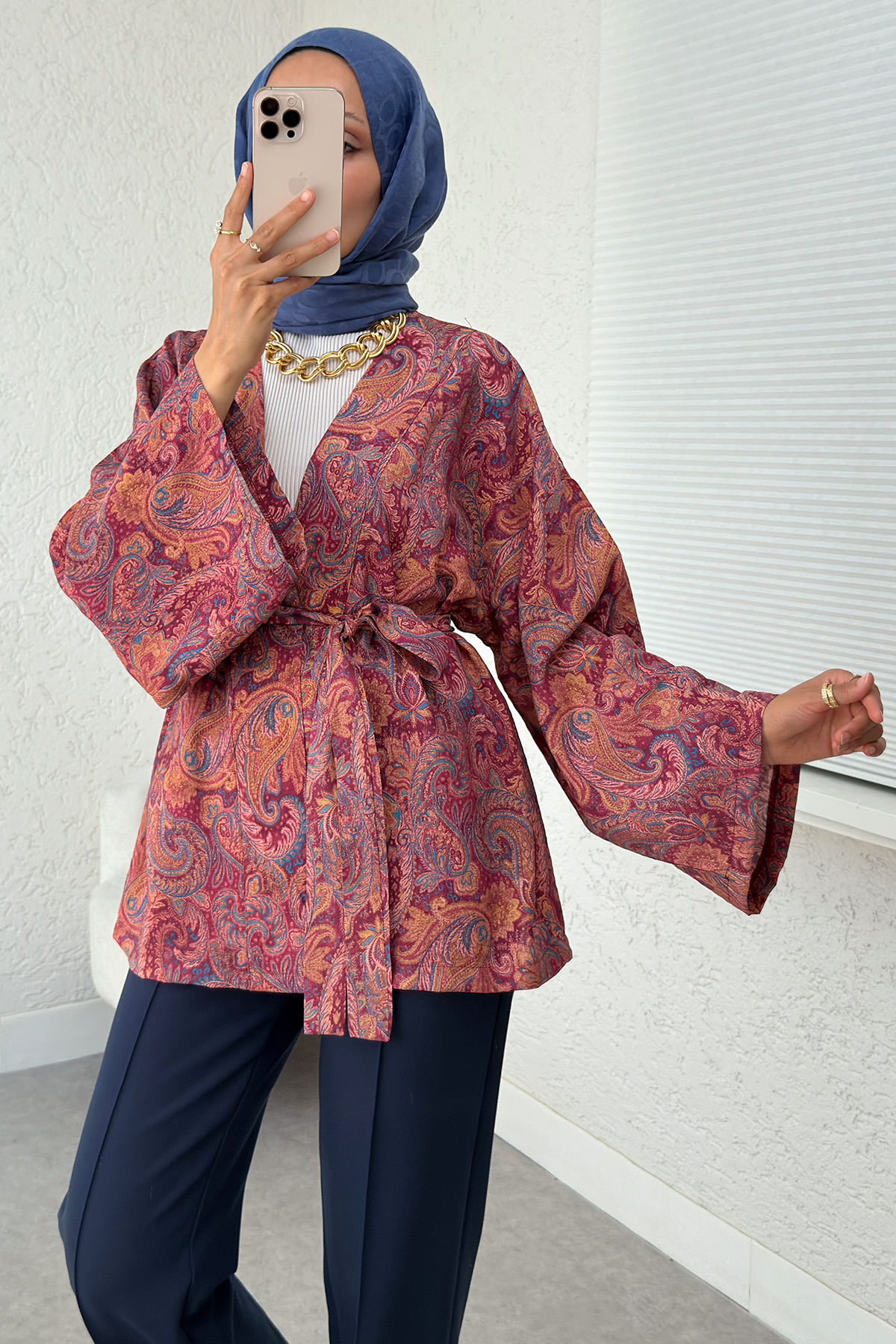 Şal Desen Kuşaklı Kimono 2375 - BORDO |  