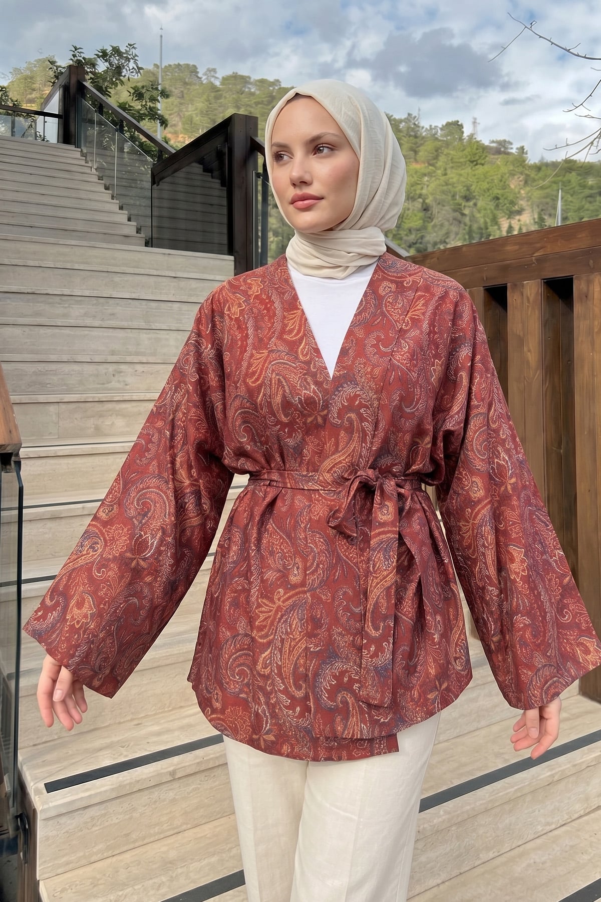 Şal Desen Kuşaklı Kimono 2375 - BORDO |  