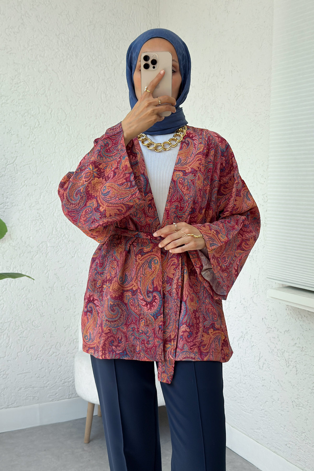 Şal Desen Kuşaklı Kimono 2375 - BORDO |  