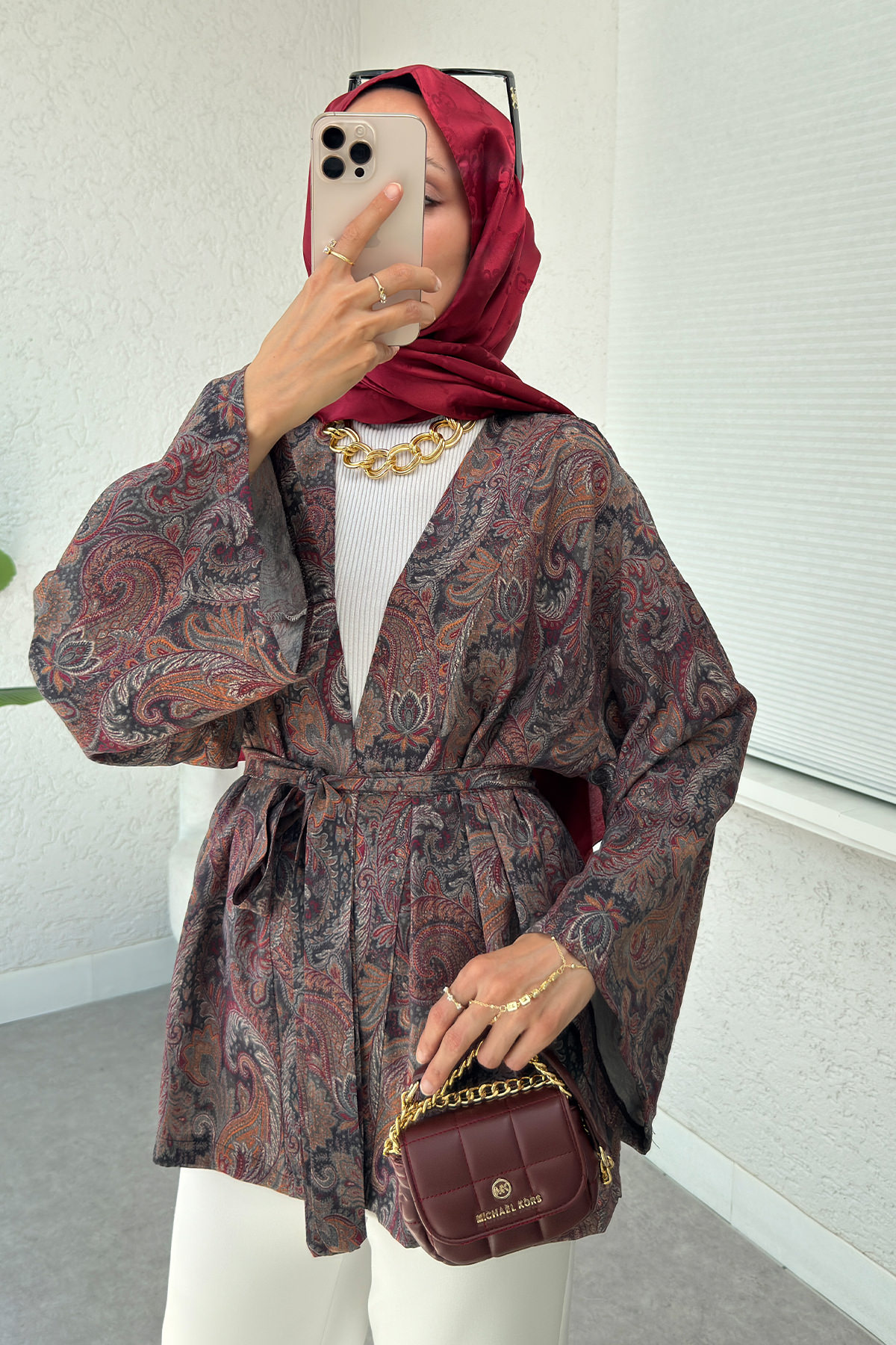 Şal Desen Kuşaklı Kimono 2375 - KOYU KAHVE |  