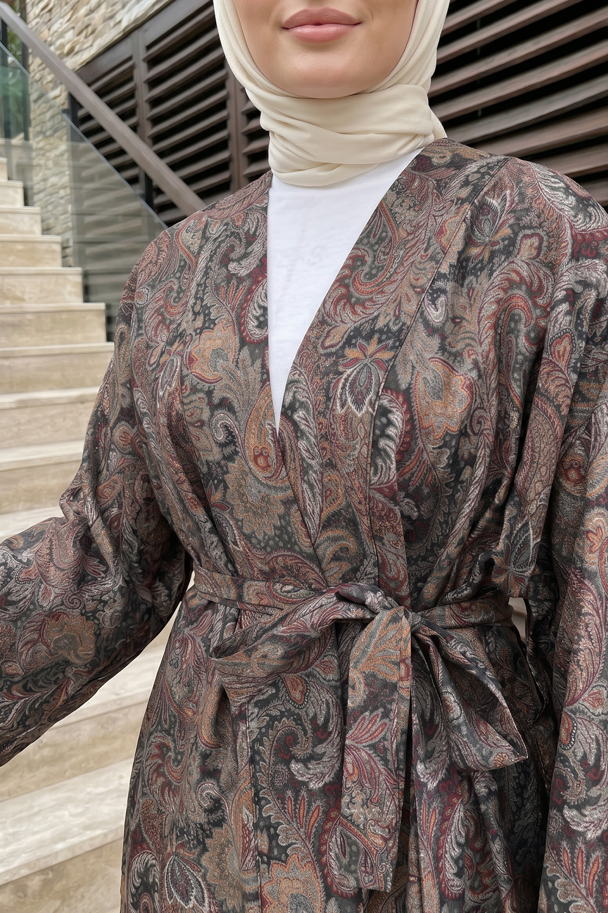 Şal Desen Kuşaklı Kimono 2375 - KOYU KAHVE |  
