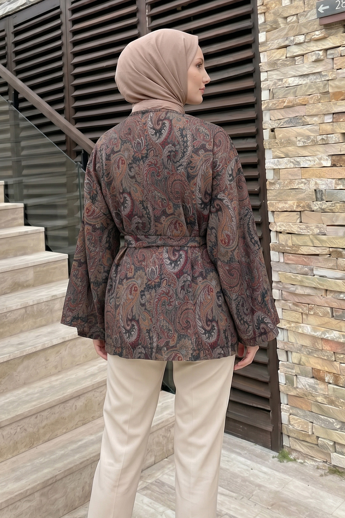 Şal Desen Kuşaklı Kimono 2375 - KOYU KAHVE |  