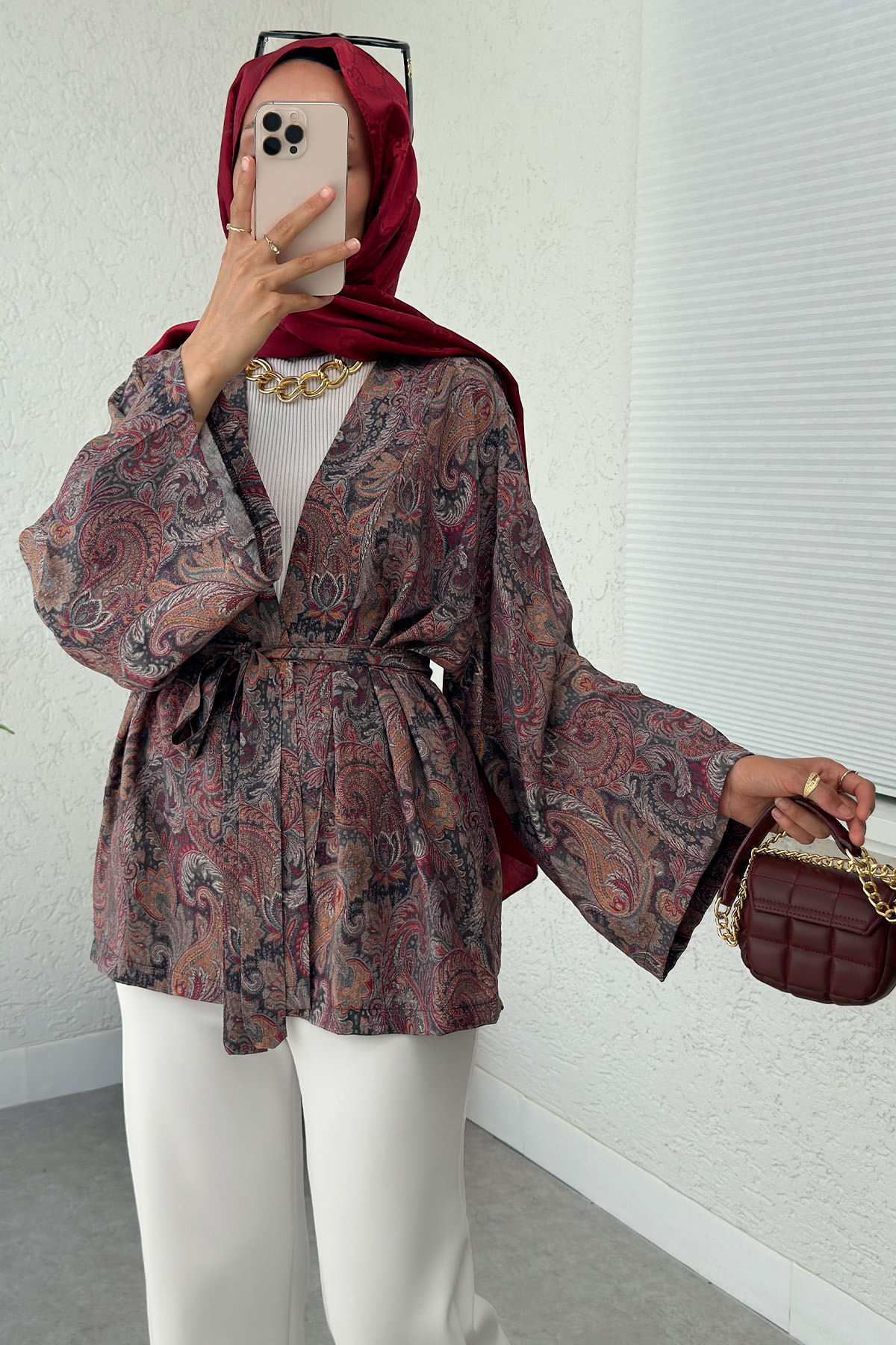 Şal Desen Kuşaklı Kimono 2375 - KOYU KAHVE |  