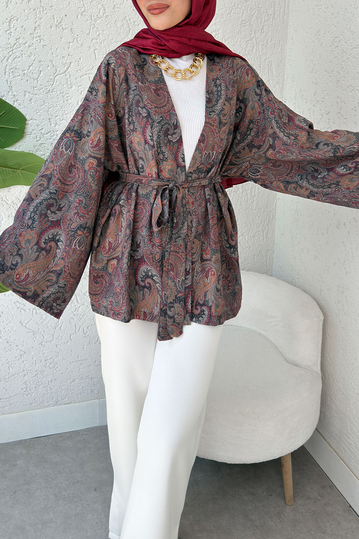 Şal Desen Kuşaklı Kimono 2375 - KOYU KAHVE |  