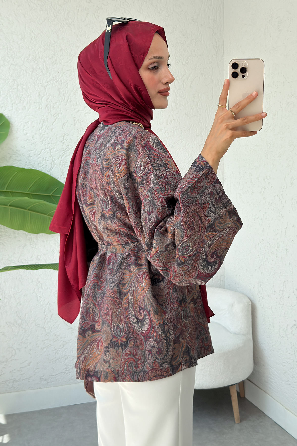 Şal Desen Kuşaklı Kimono 2375 - KOYU KAHVE |  