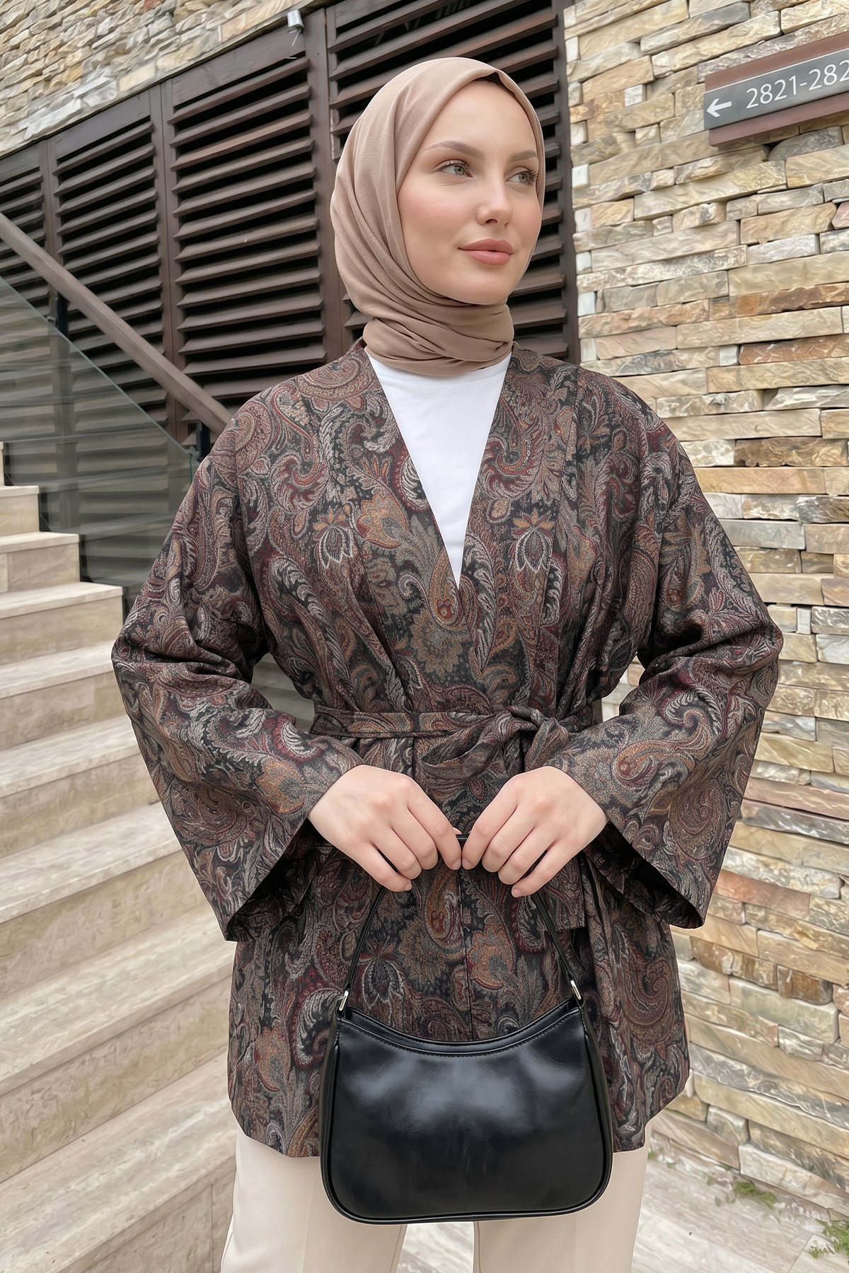 Şal Desen Kuşaklı Kimono 2375 - KOYU KAHVE |  