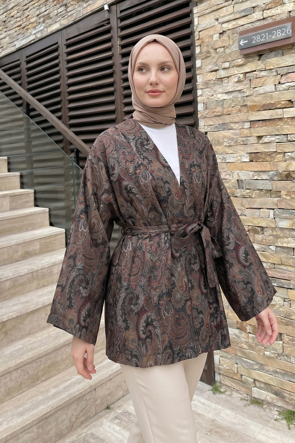 Şal Desen Kuşaklı Kimono 2375 - KOYU KAHVE |  