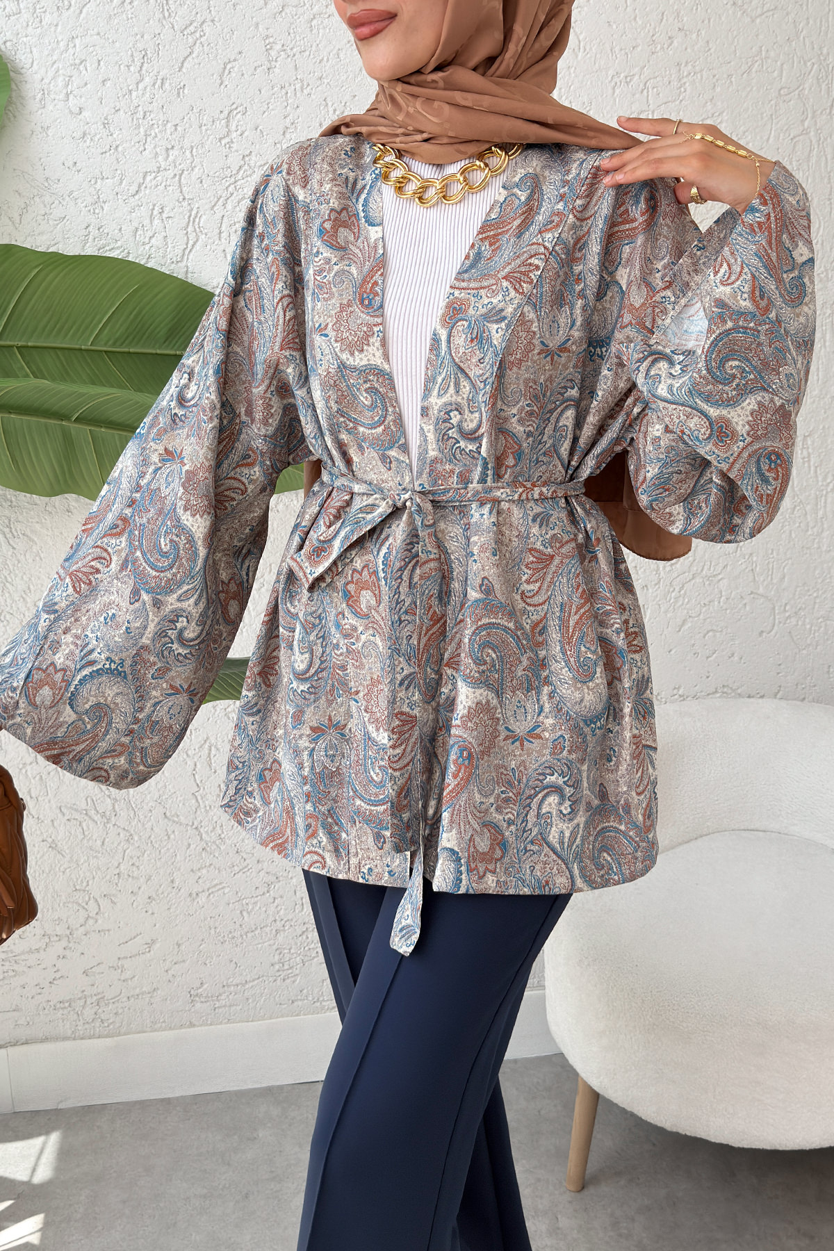 Şal Desen Kuşaklı Kimono 2375 - BEJ |  