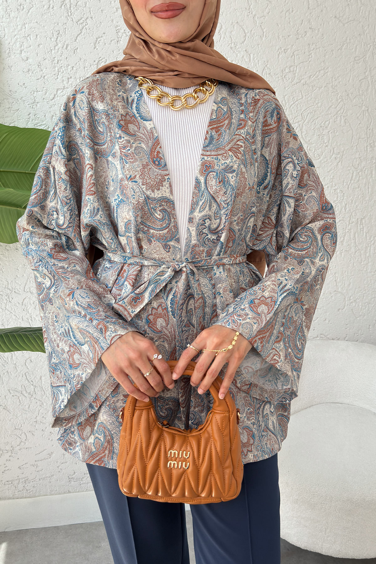 Şal Desen Kuşaklı Kimono 2375 - BEJ |  