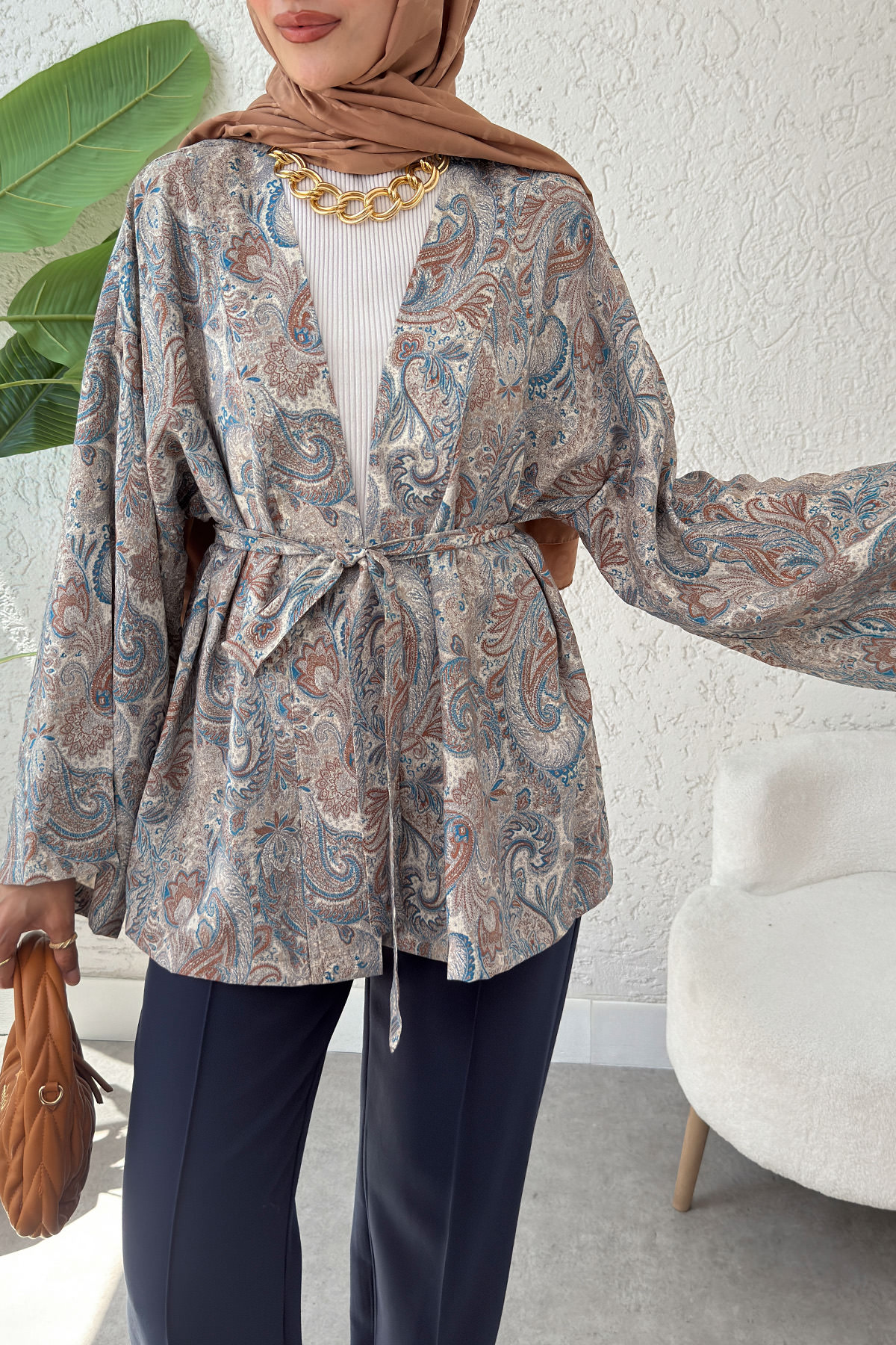 Şal Desen Kuşaklı Kimono 2375 - BEJ |  