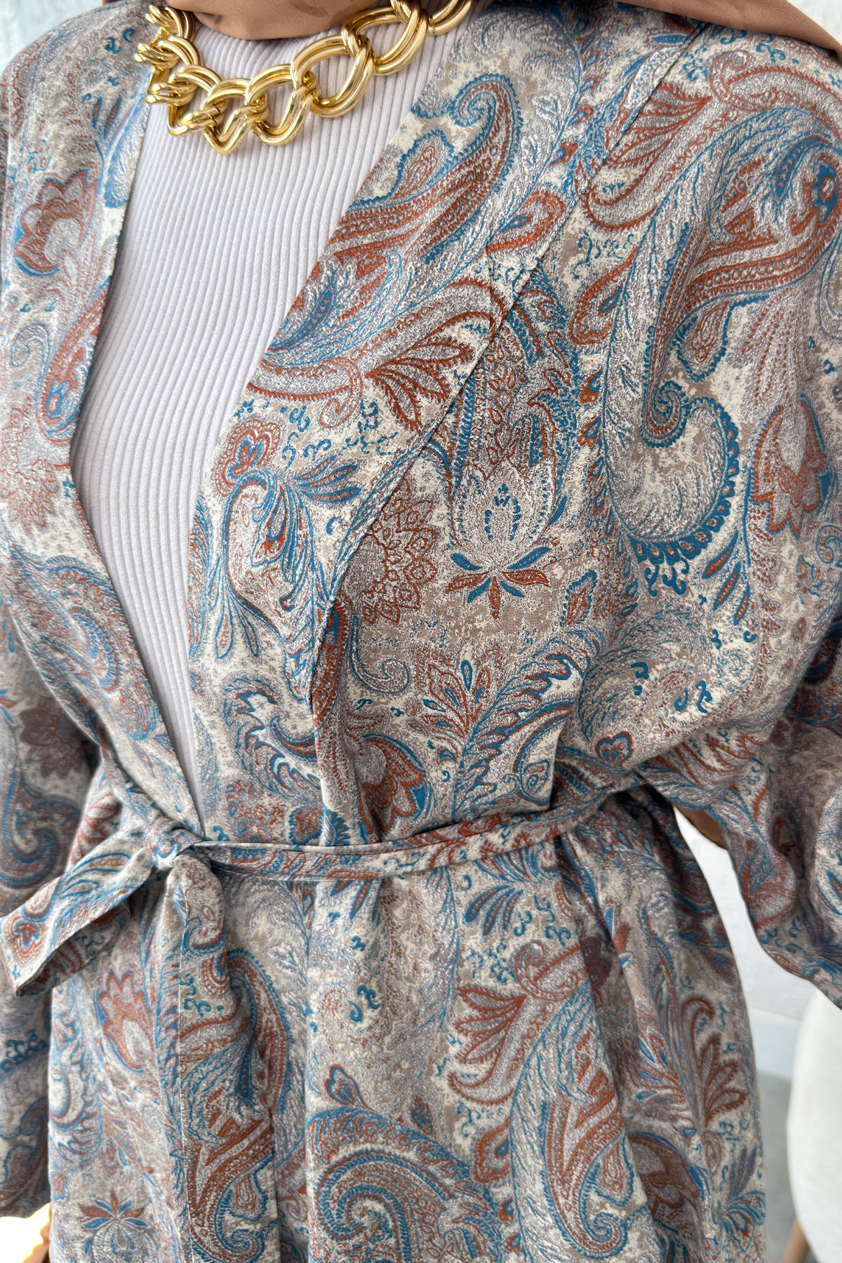 Şal Desen Kuşaklı Kimono 2375 - BEJ |  