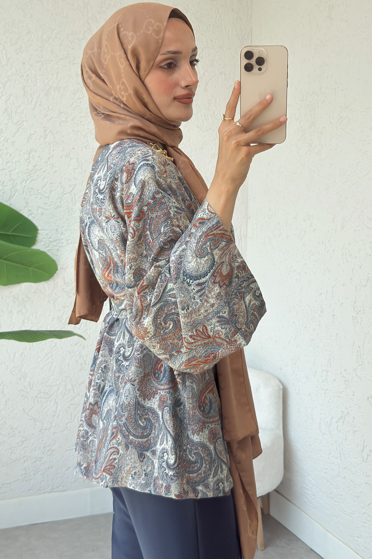 Şal Desen Kuşaklı Kimono 2375 - BEJ |  