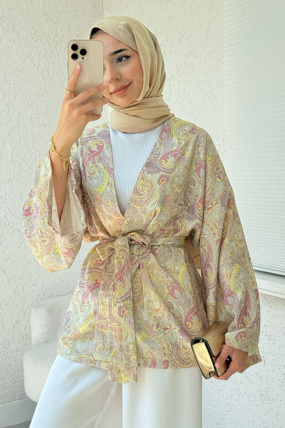 Şal Desen Kuşaklı Kimono 2375 - SARI |  
