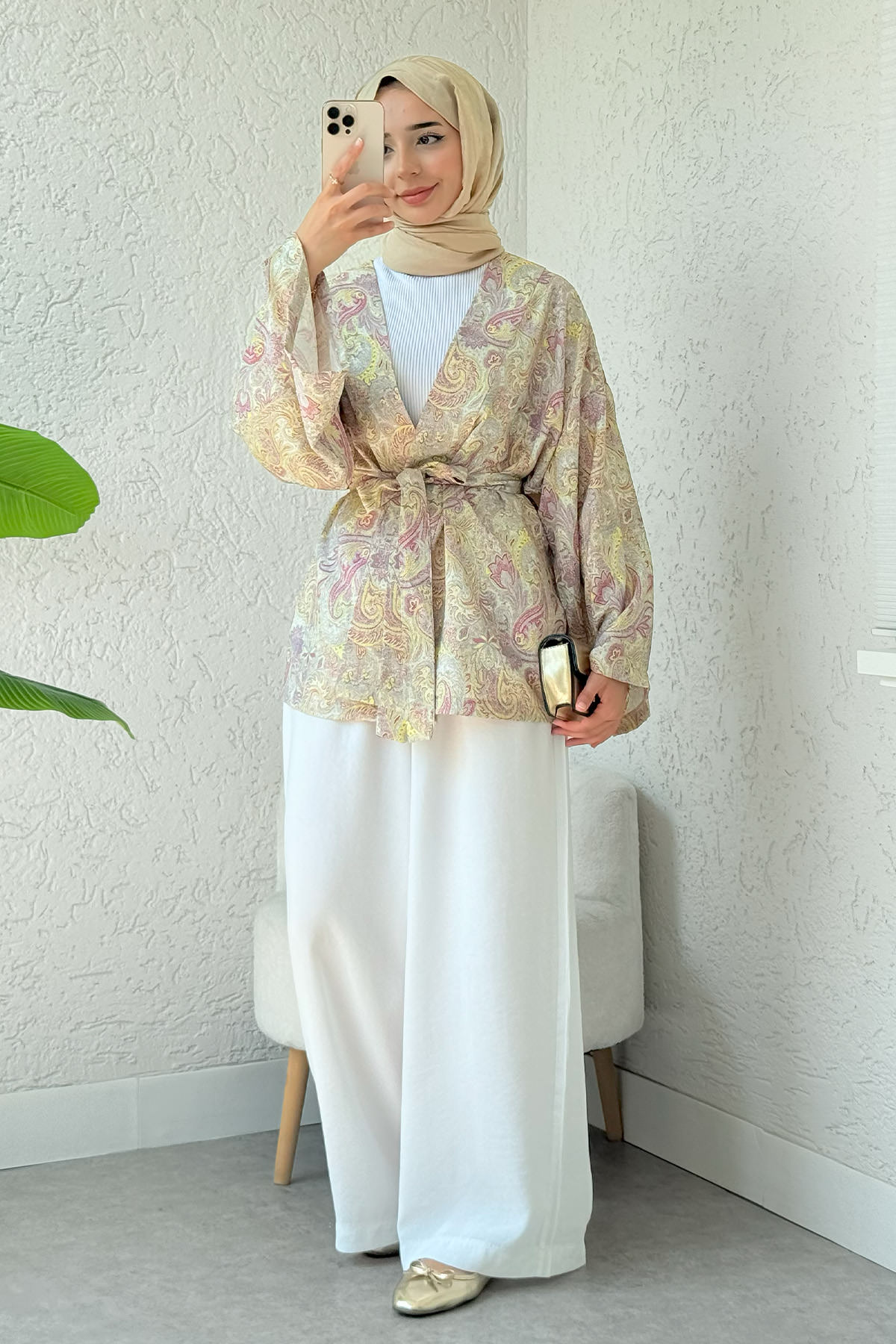 Şal Desen Kuşaklı Kimono 2375 - SARI |  