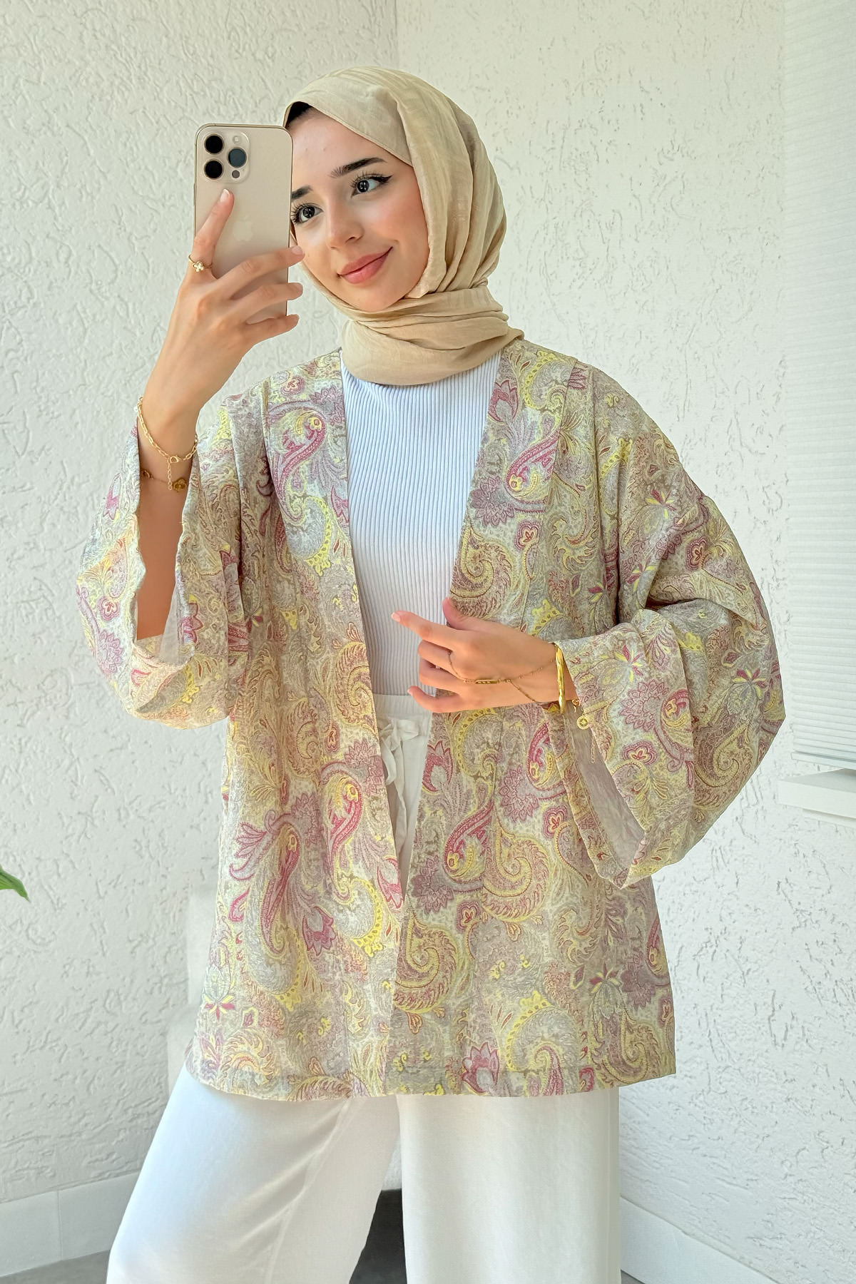 Şal Desen Kuşaklı Kimono 2375 - SARI |  