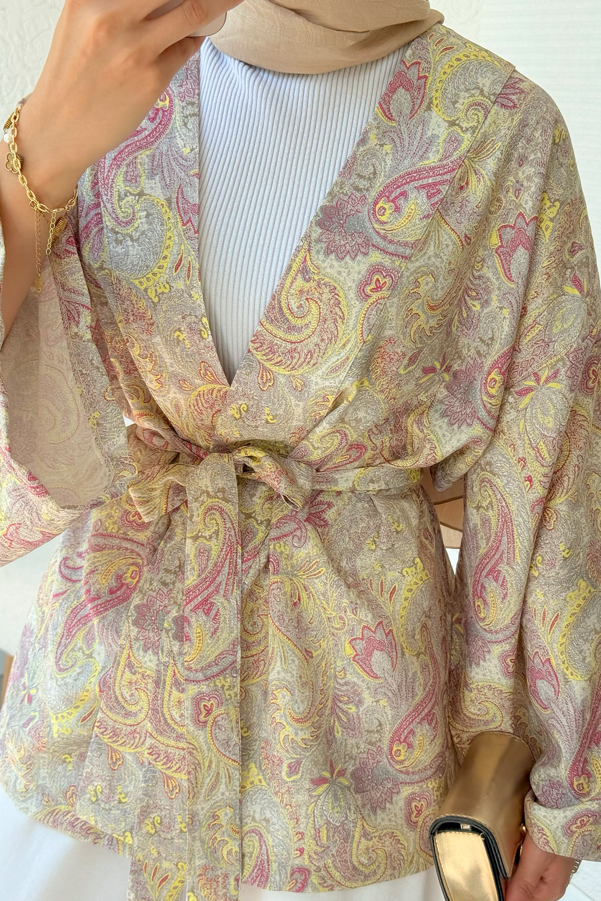 Şal Desen Kuşaklı Kimono 2375 - SARI |  