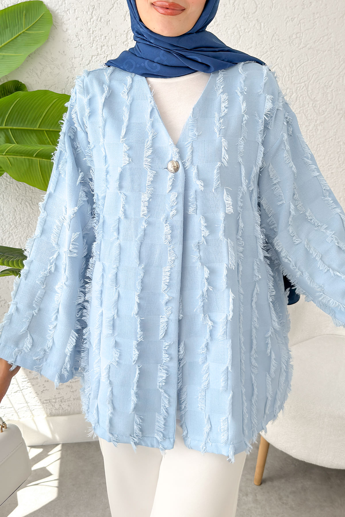 Kare Püsküllü Kimono 2376 - BEBE MAVİSİ |  