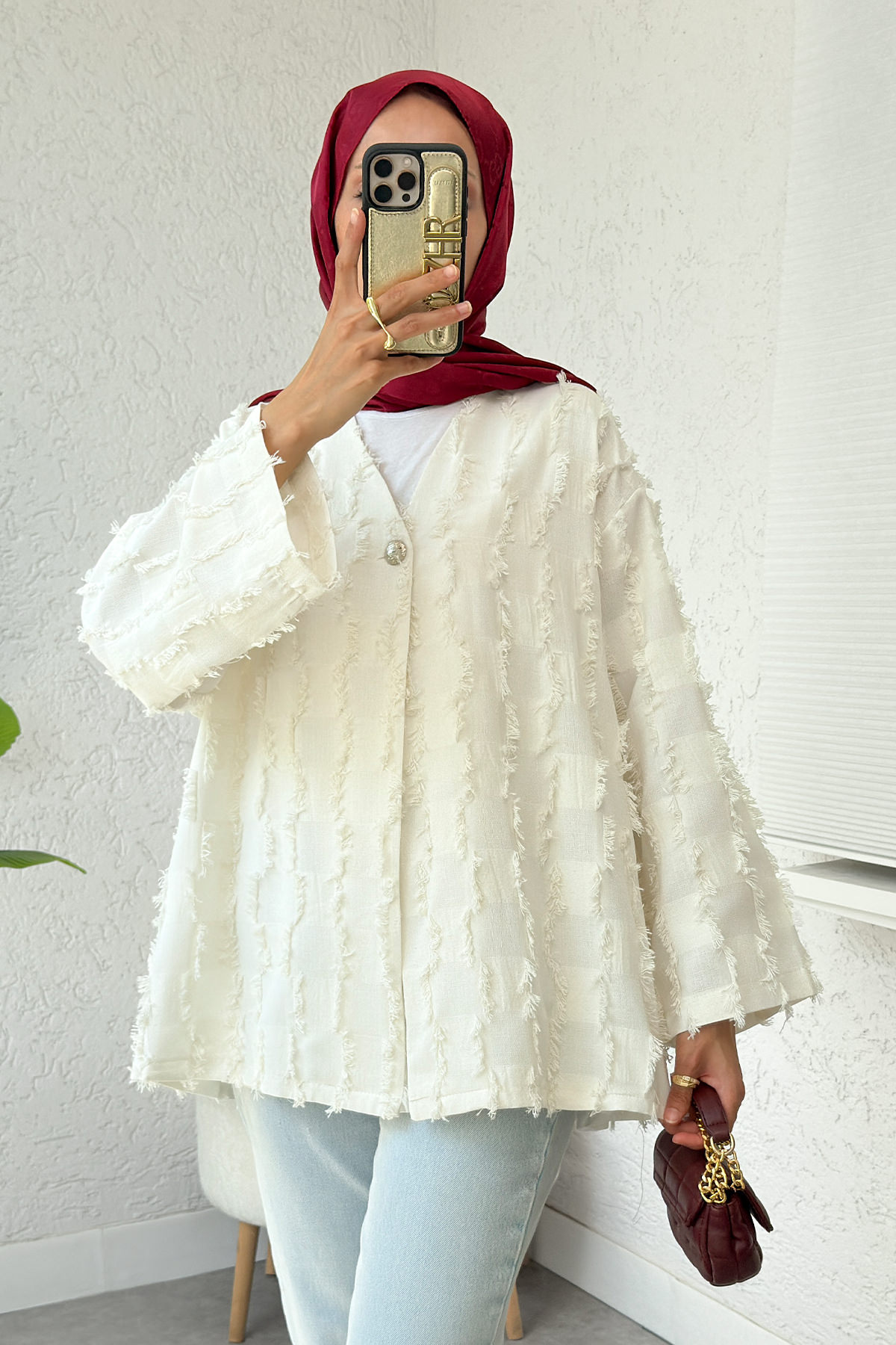 Kare Püsküllü Kimono 2376 - EKRU |  