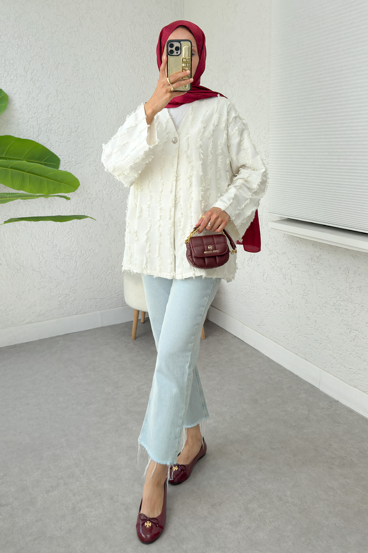 Kare Püsküllü Kimono 2376 - EKRU |  