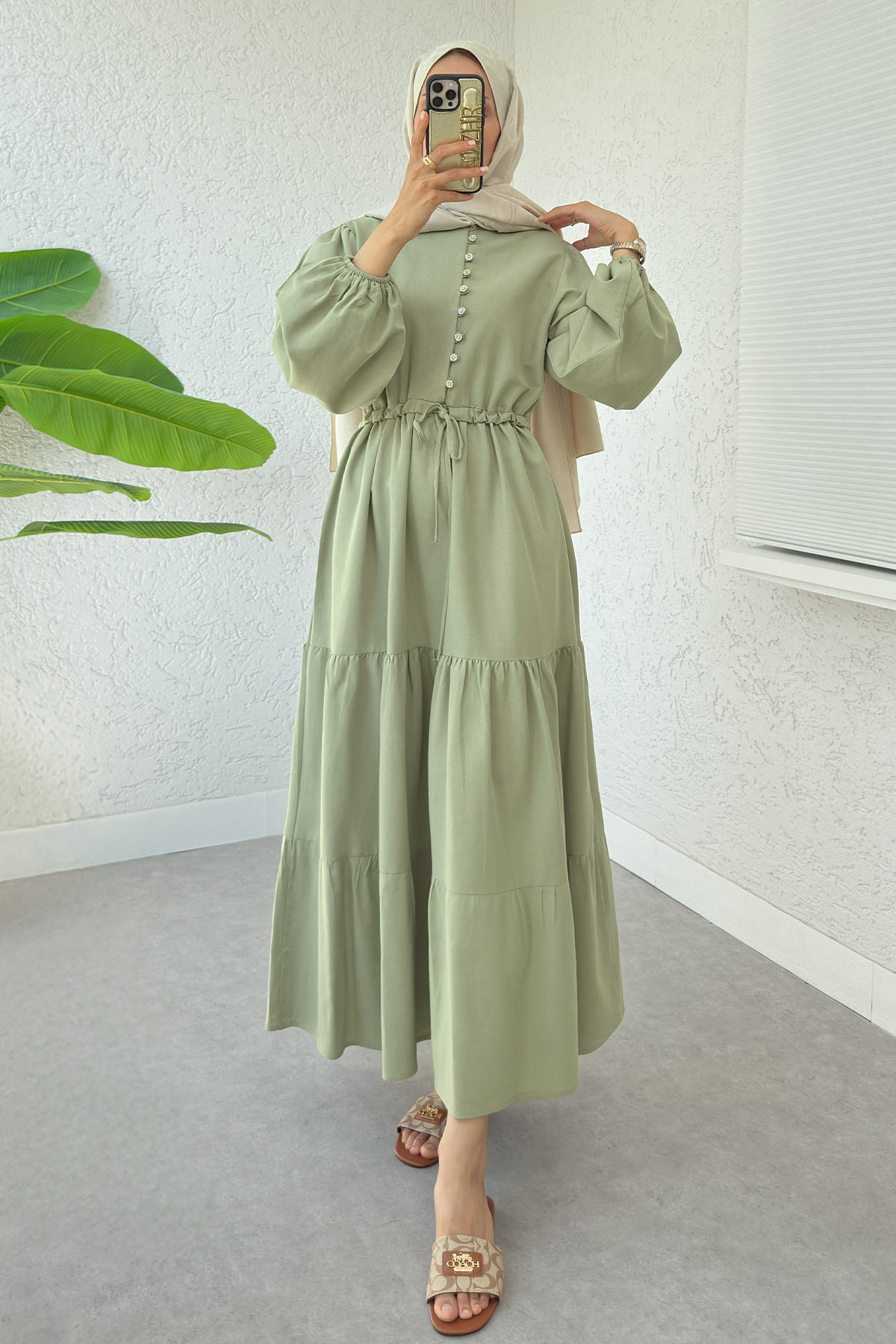 Bel Büzgülü Kat Kat Elbise 2378 - AÇIK HAKİ |  