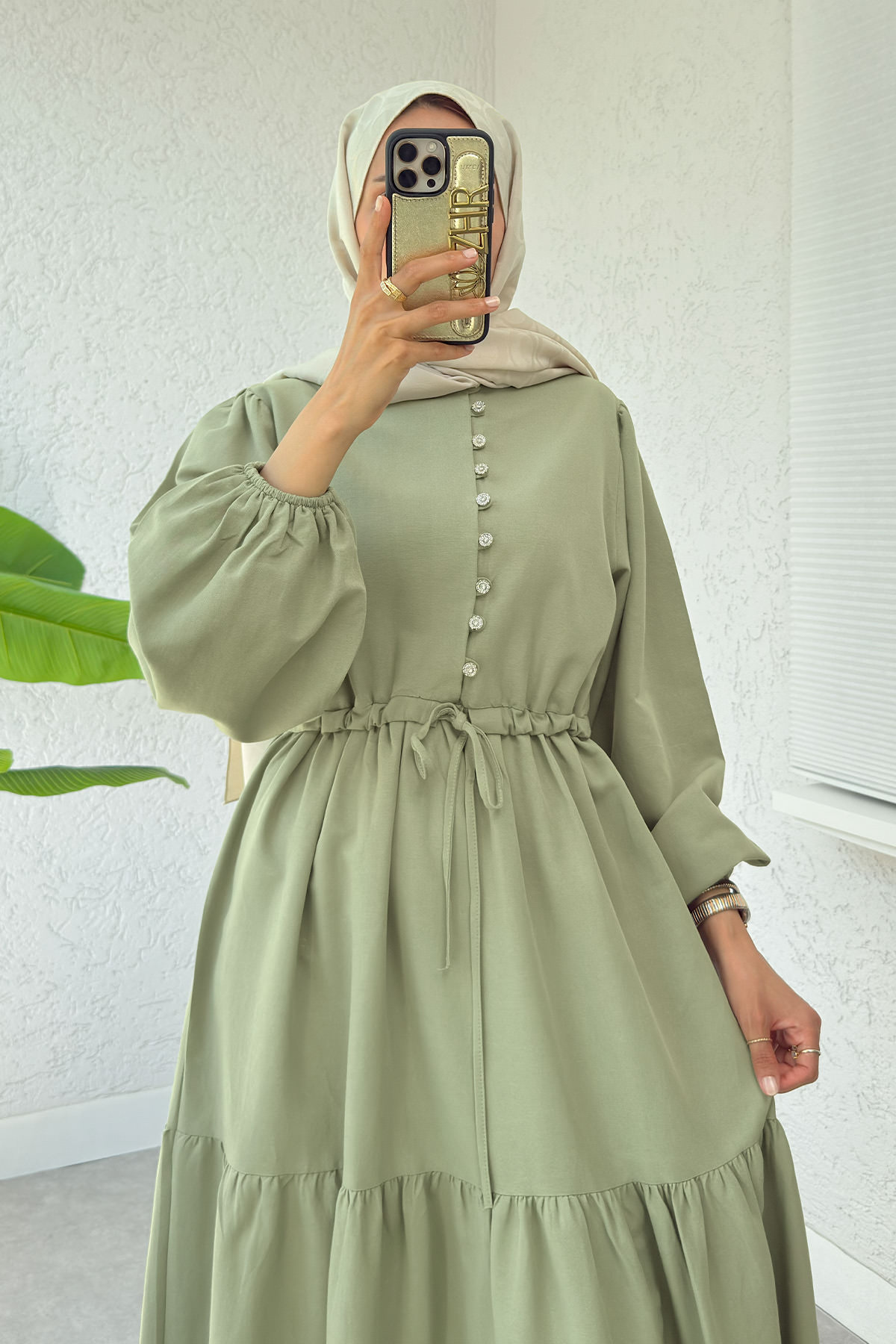 Bel Büzgülü Kat Kat Elbise 2378 - AÇIK HAKİ |  