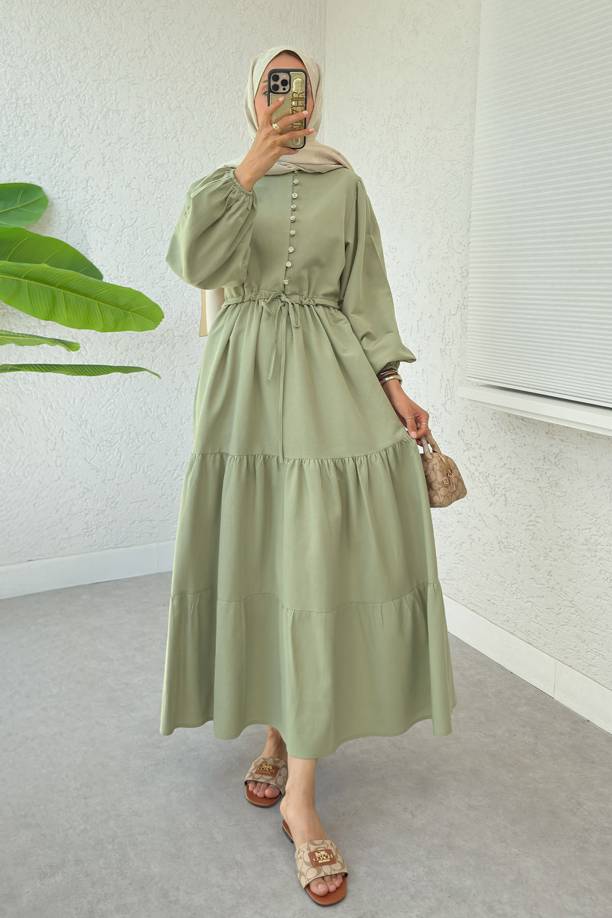 Bel Büzgülü Kat Kat Elbise 2378 - AÇIK HAKİ |  