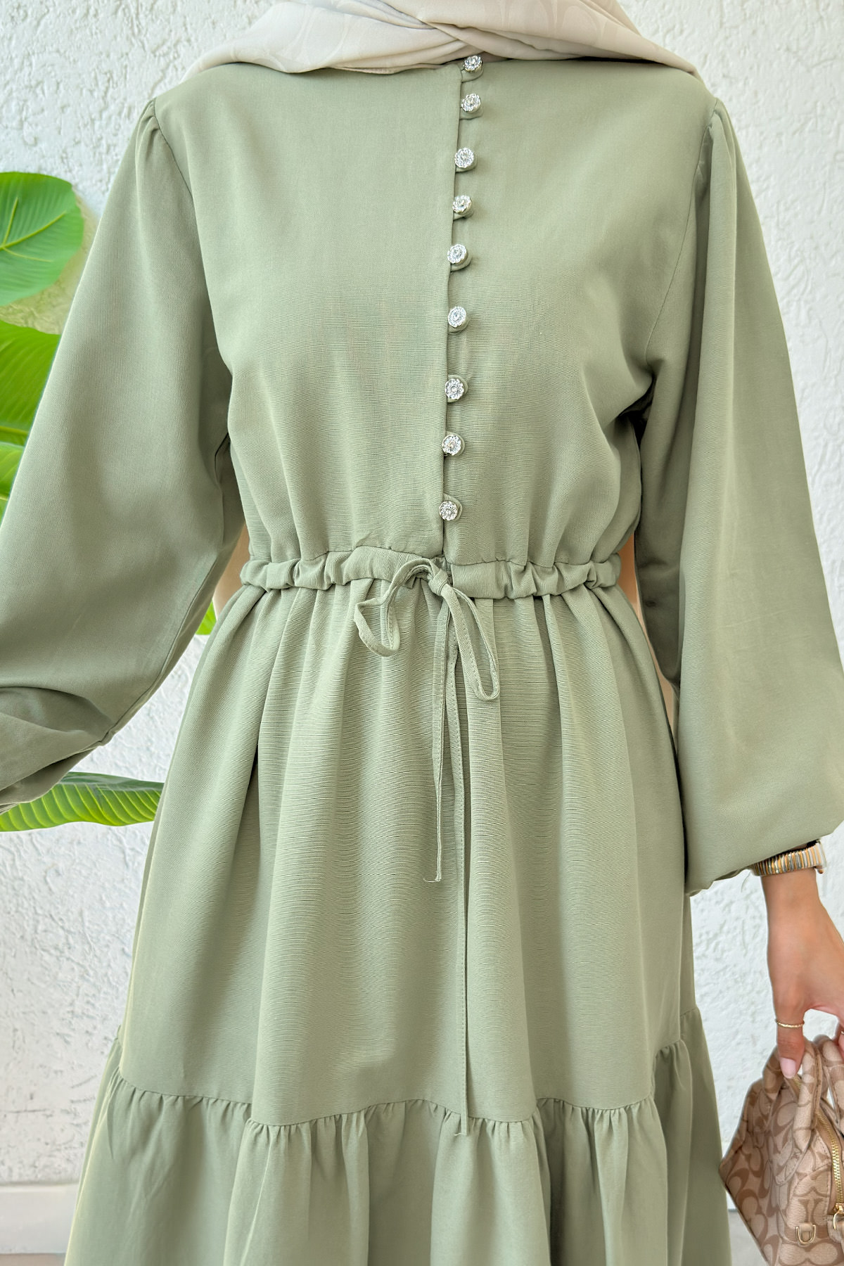 Bel Büzgülü Kat Kat Elbise 2378 - AÇIK HAKİ |  