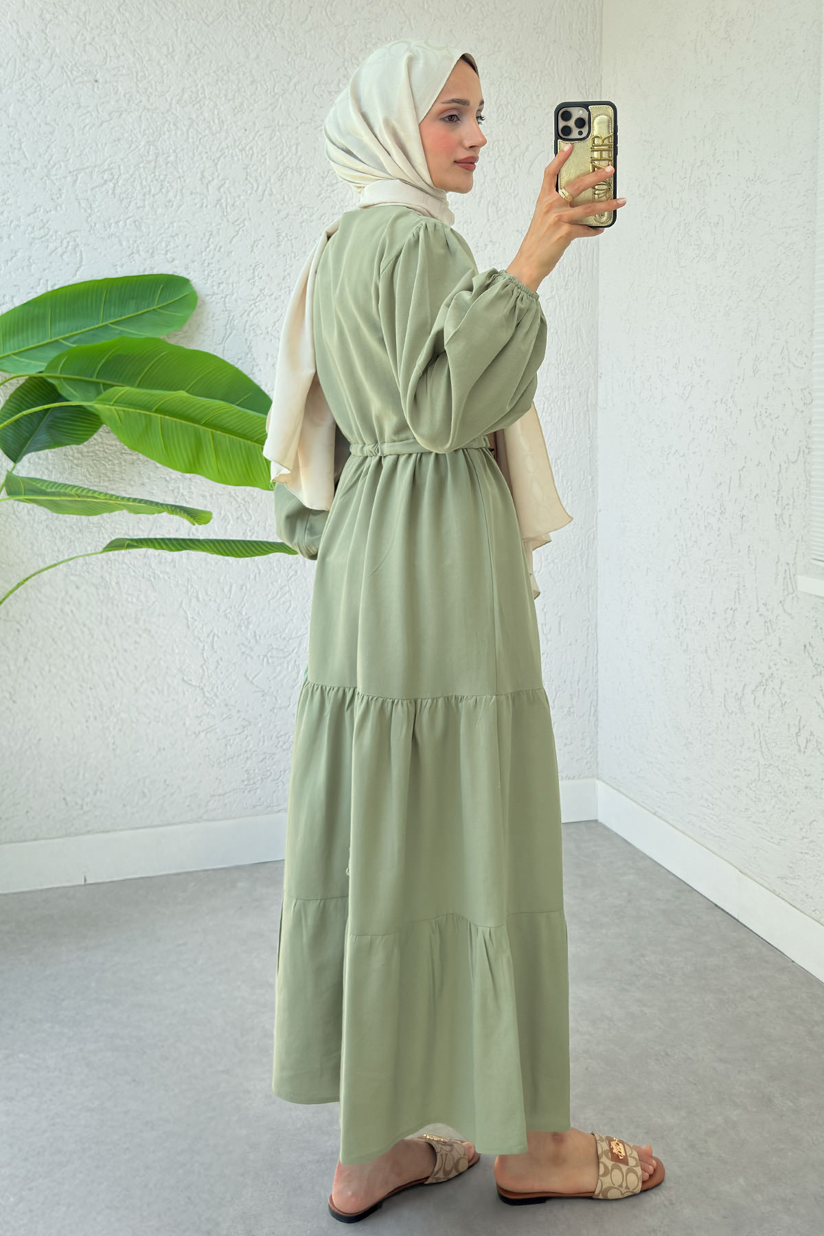 Bel Büzgülü Kat Kat Elbise 2378 - AÇIK HAKİ |  