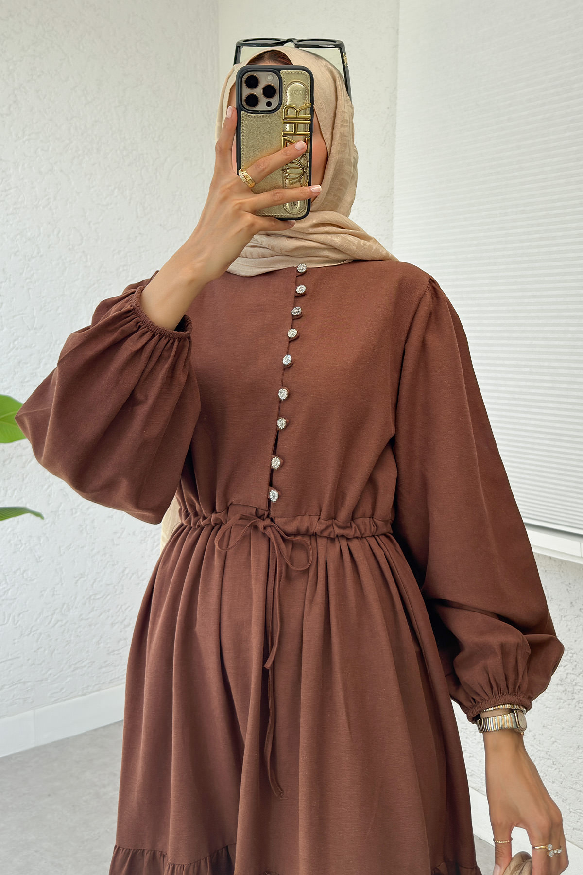 Bel Büzgülü Kat Kat Elbise 2378 - KAHVERENGİ |  