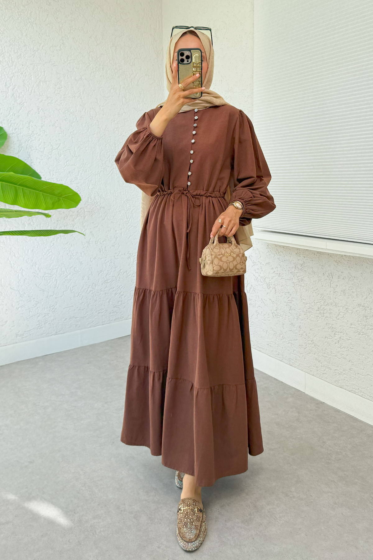 Bel Büzgülü Kat Kat Elbise 2378 - KAHVERENGİ |  