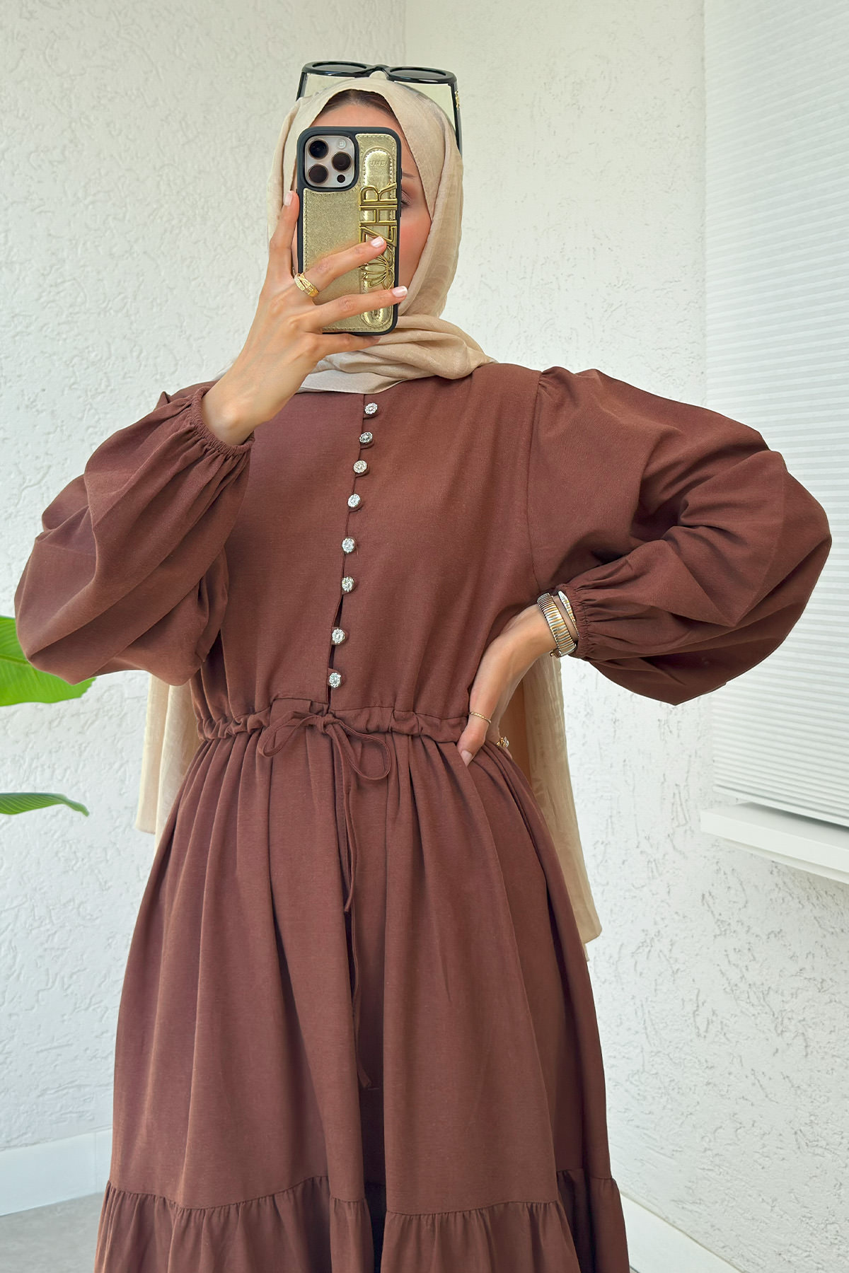 Bel Büzgülü Kat Kat Elbise 2378 - KAHVERENGİ |  