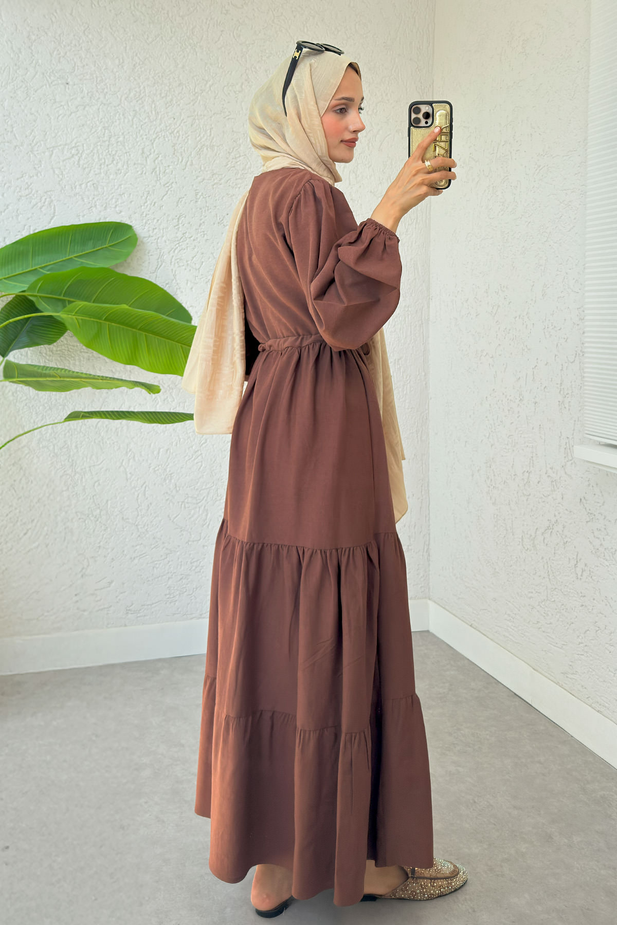 Bel Büzgülü Kat Kat Elbise 2378 - KAHVERENGİ |  