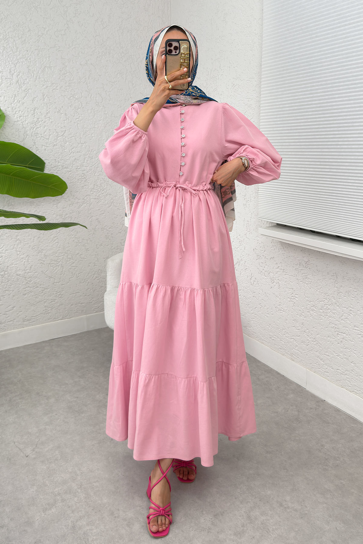 Bel Büzgülü Kat Kat Elbise 2378 - PEMBE |  