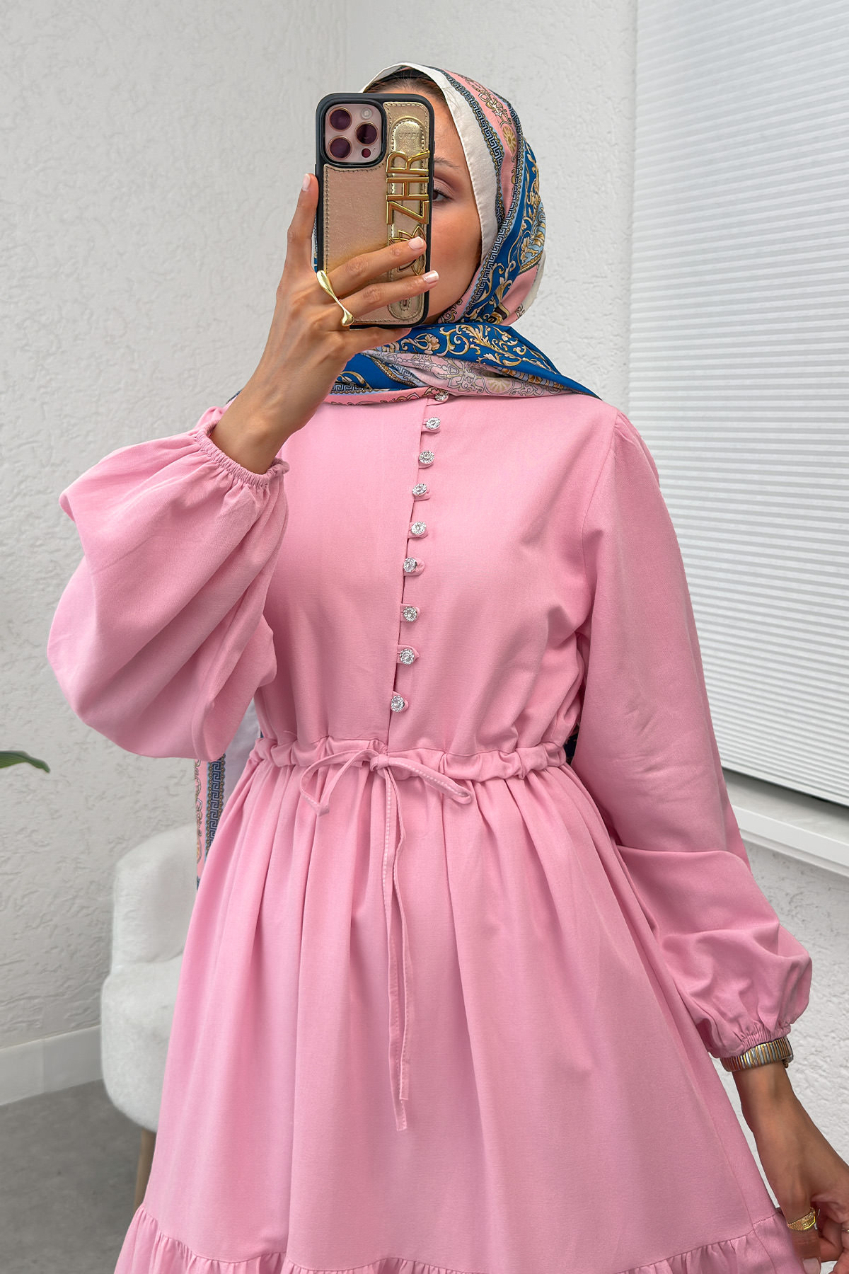 Bel Büzgülü Kat Kat Elbise 2378 - PEMBE |  