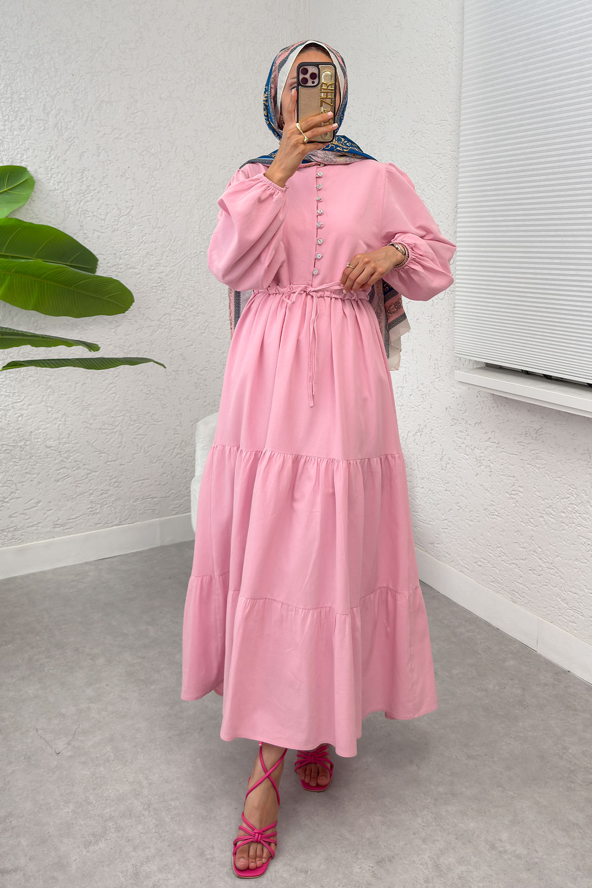 Bel Büzgülü Kat Kat Elbise 2378 - PEMBE |  