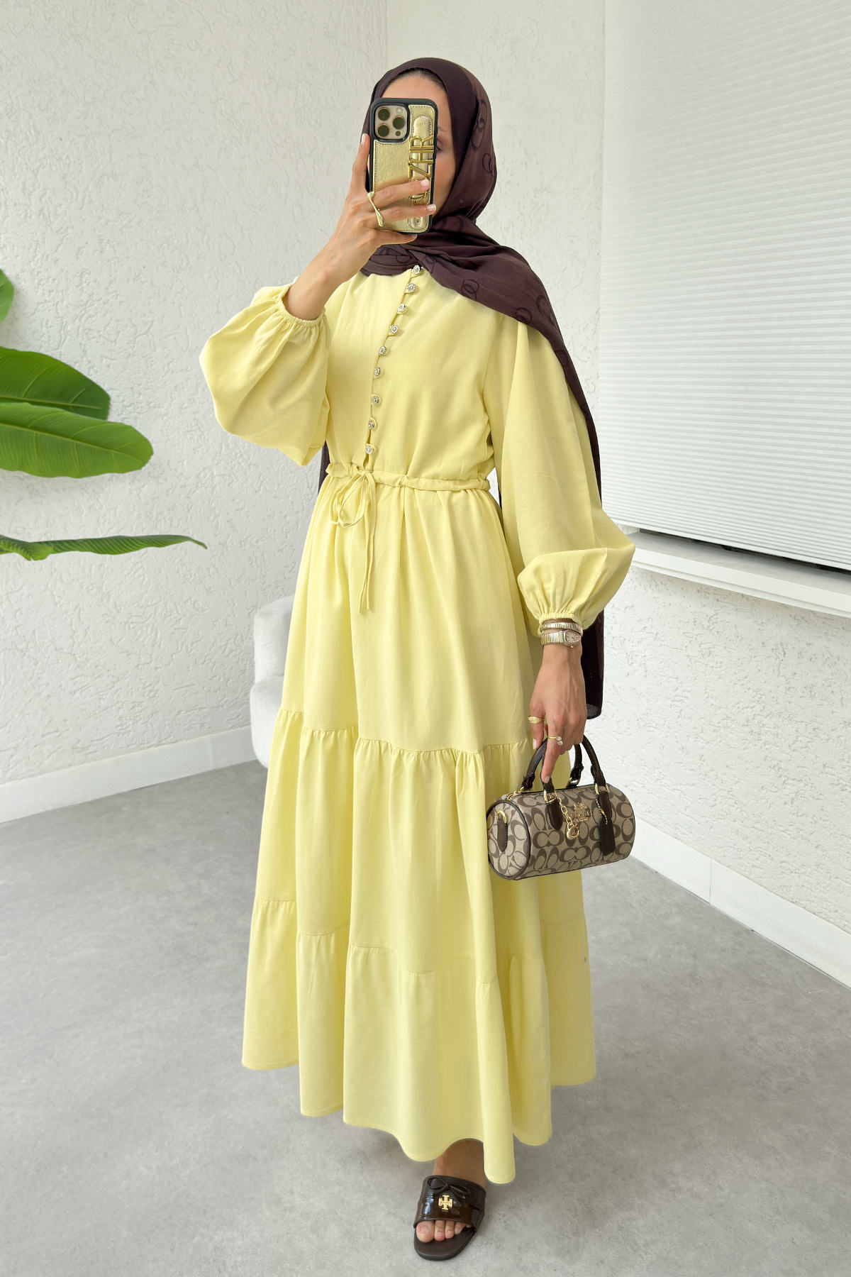 Bel Büzgülü Kat Kat Elbise 2378 - SARI |  