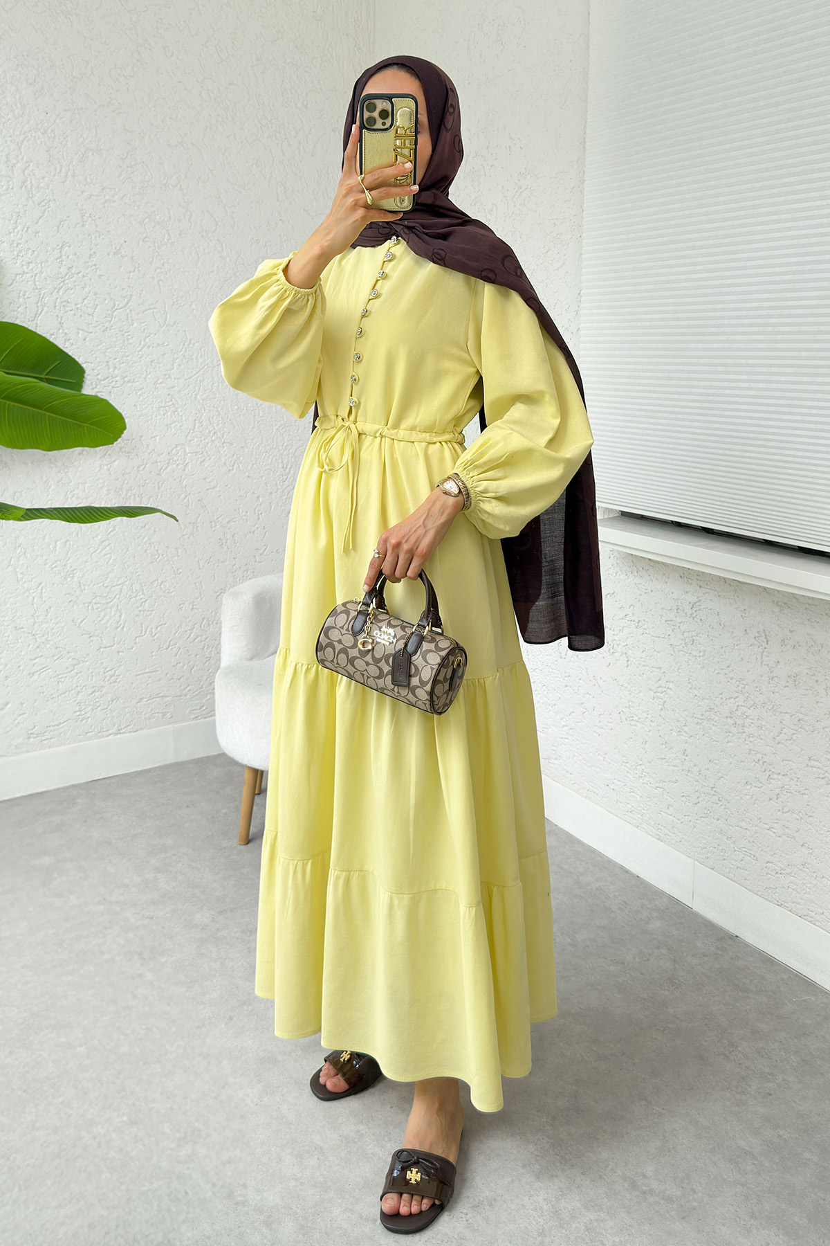 Bel Büzgülü Kat Kat Elbise 2378 - SARI |  