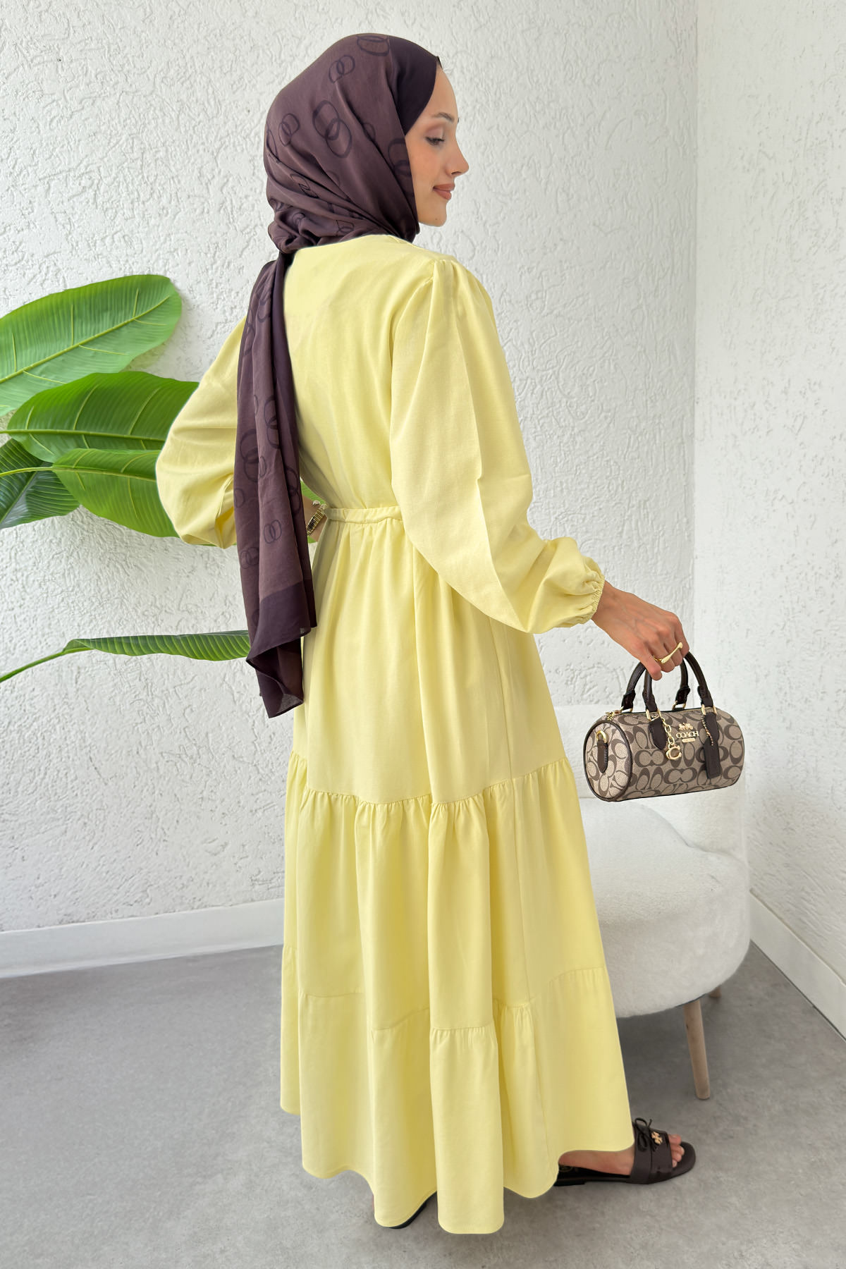 Bel Büzgülü Kat Kat Elbise 2378 - SARI |  