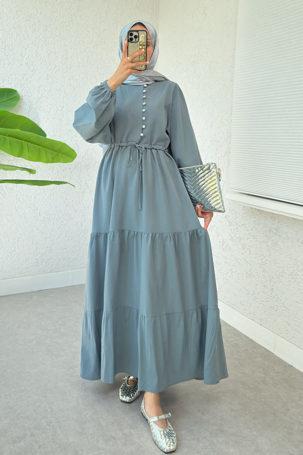 Bel Büzgülü Kat Kat Elbise 2378 - TOZ MAVİ |  