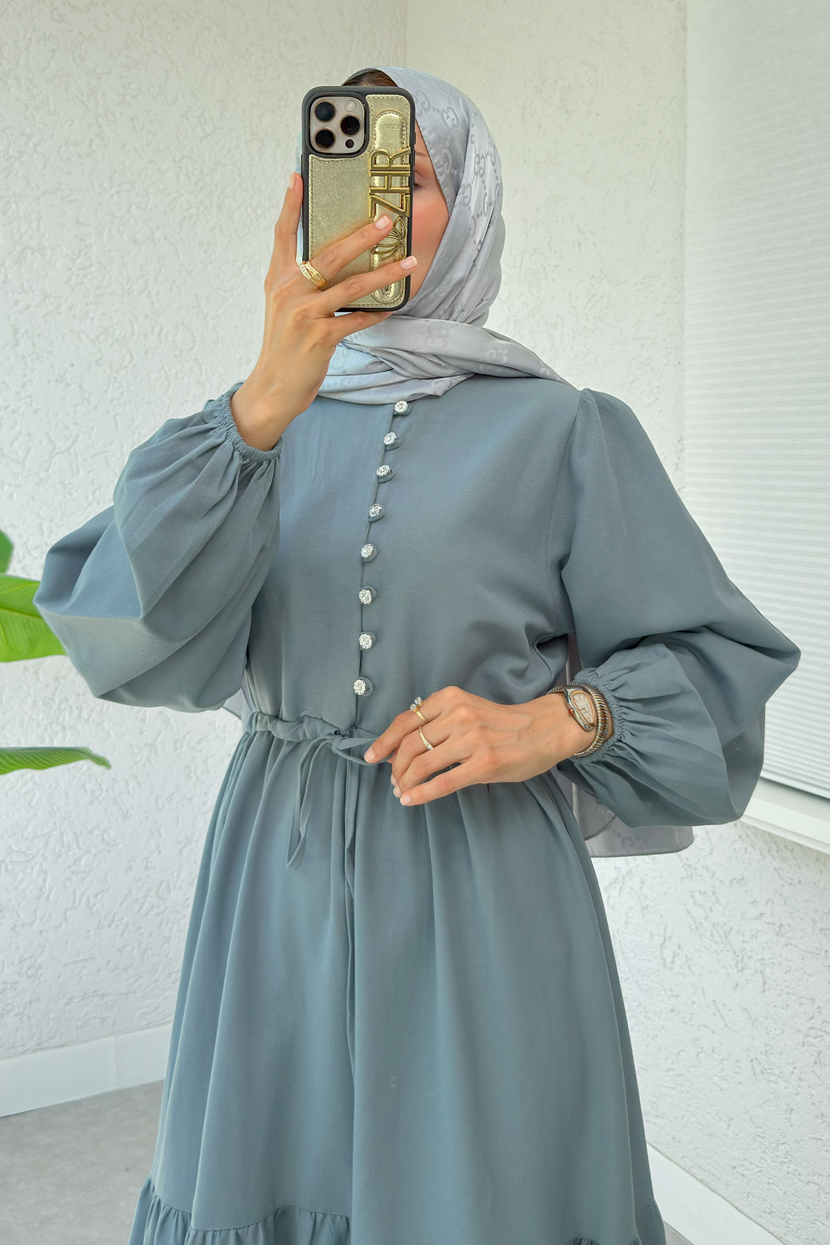 Bel Büzgülü Kat Kat Elbise 2378 - TOZ MAVİ |  