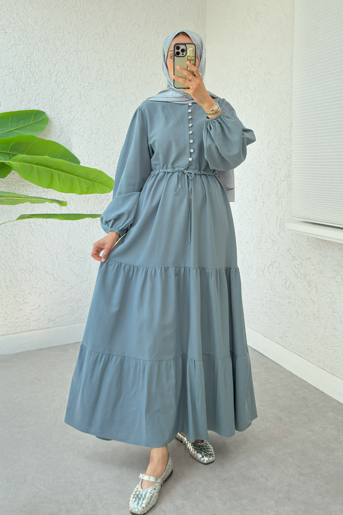 Bel Büzgülü Kat Kat Elbise 2378 - TOZ MAVİ |  