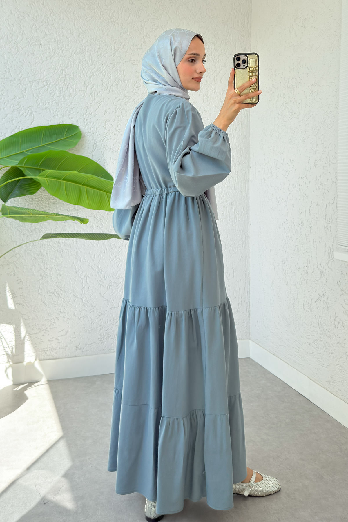 Bel Büzgülü Kat Kat Elbise 2378 - TOZ MAVİ |  