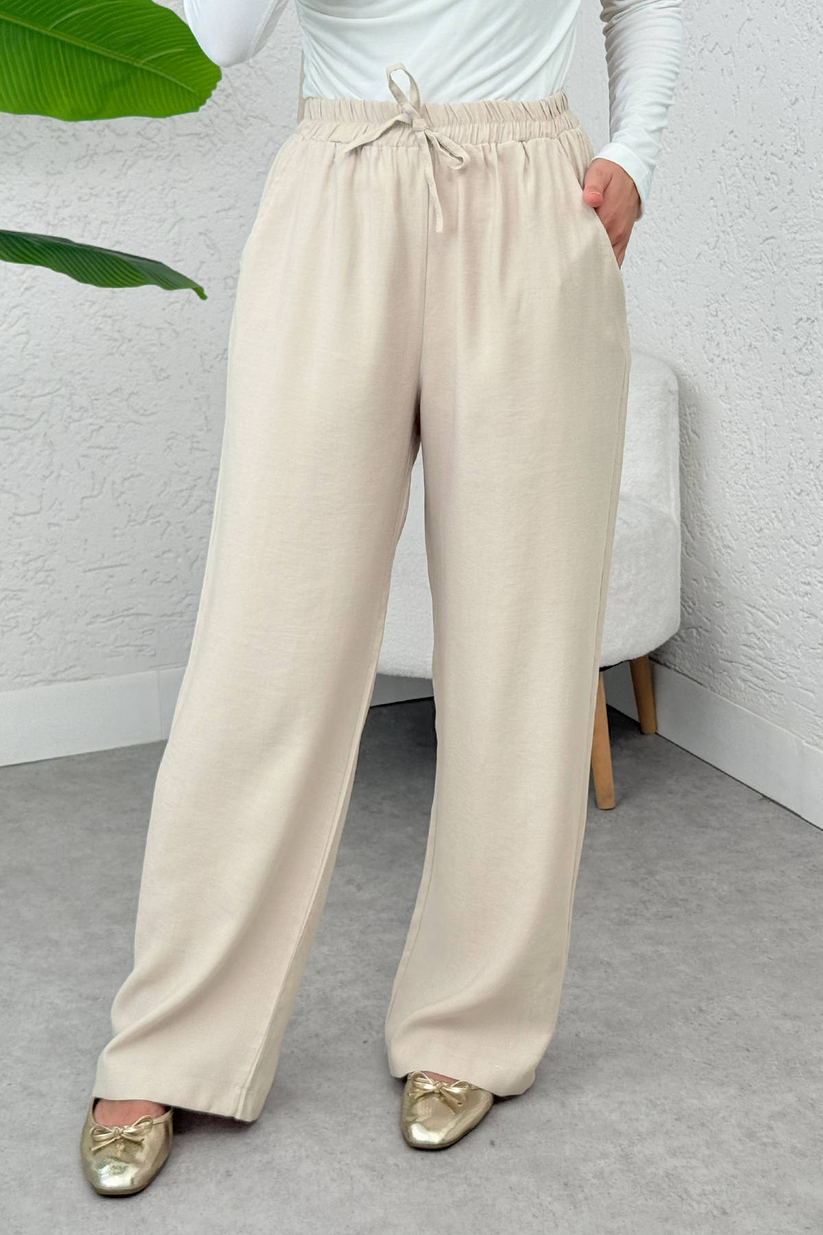 Bel Lastikli Salaş Pantolon 2382 - TAŞ RENGİ |  