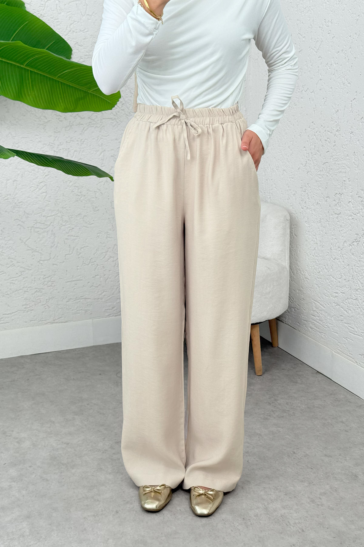 Bel Lastikli Salaş Pantolon 2382 - TAŞ RENGİ |  