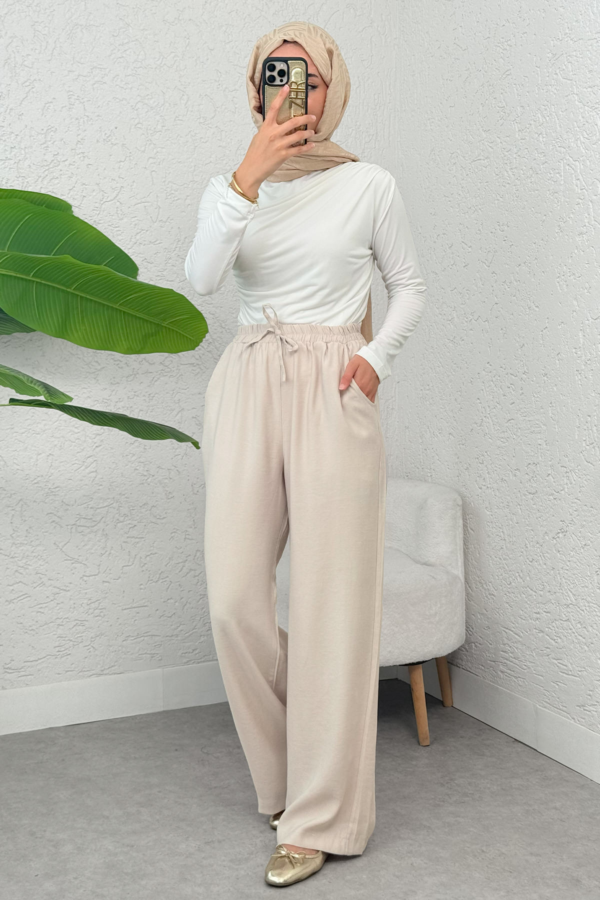 Bel Lastikli Salaş Pantolon 2382 - TAŞ RENGİ |  