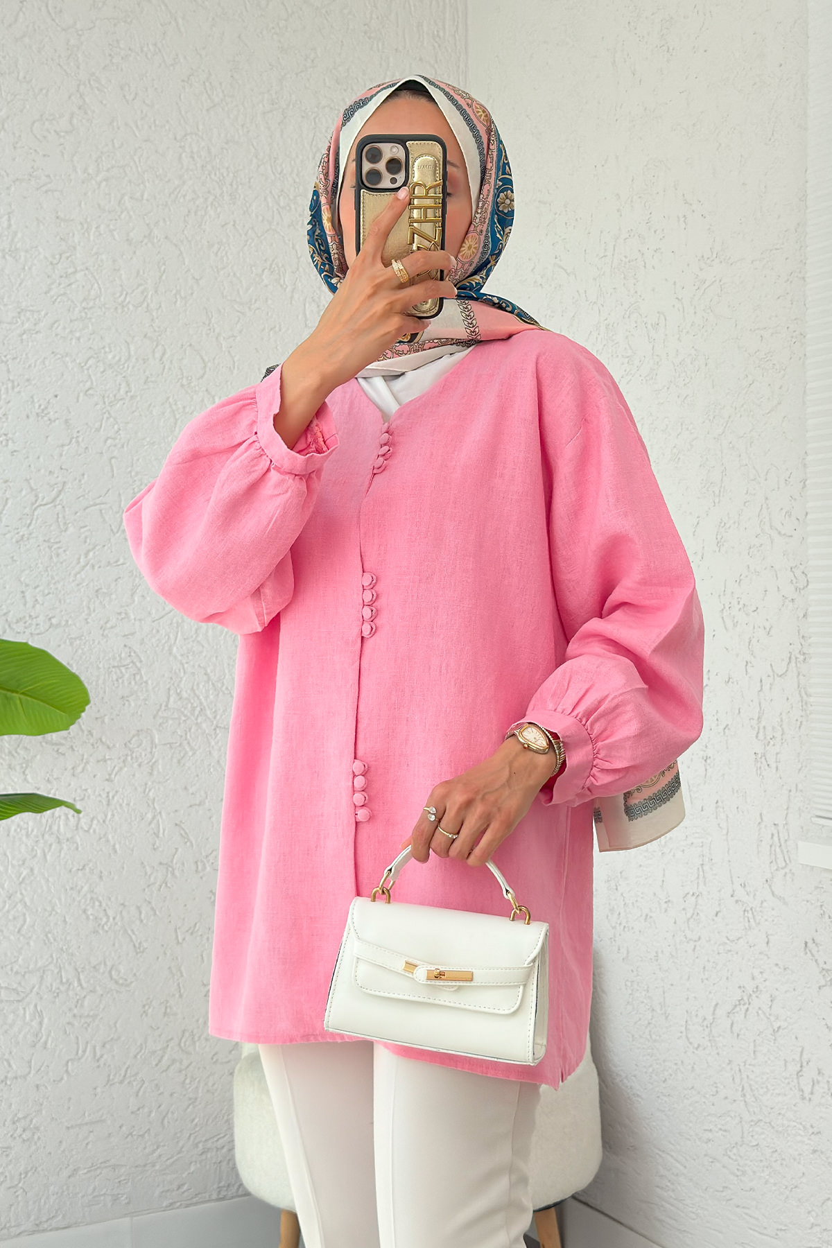 Birit Düğmeli Keten Tunik 2385 - PEMBE |  