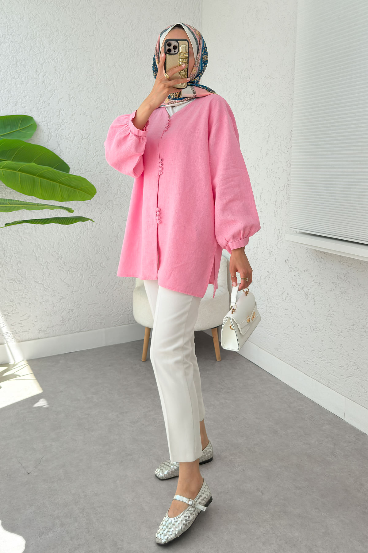 Birit Düğmeli Keten Tunik 2385 - PEMBE |  