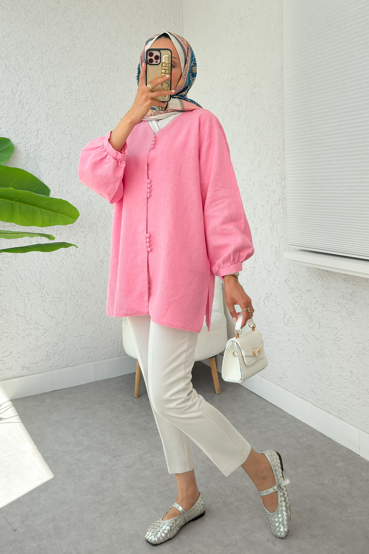 Birit Düğmeli Keten Tunik 2385 - PEMBE |  