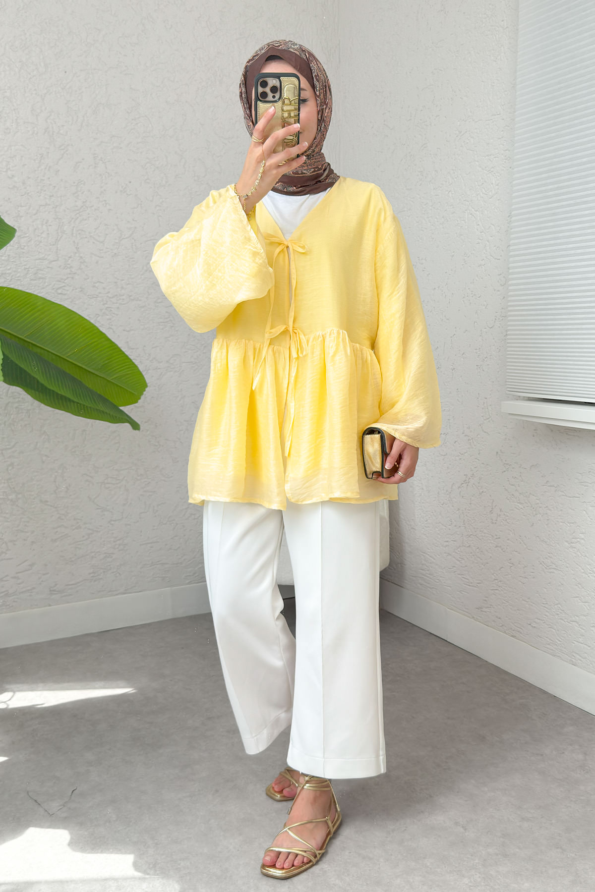 İp Bağcıklı Modal Kimono 2389 - SARI |  