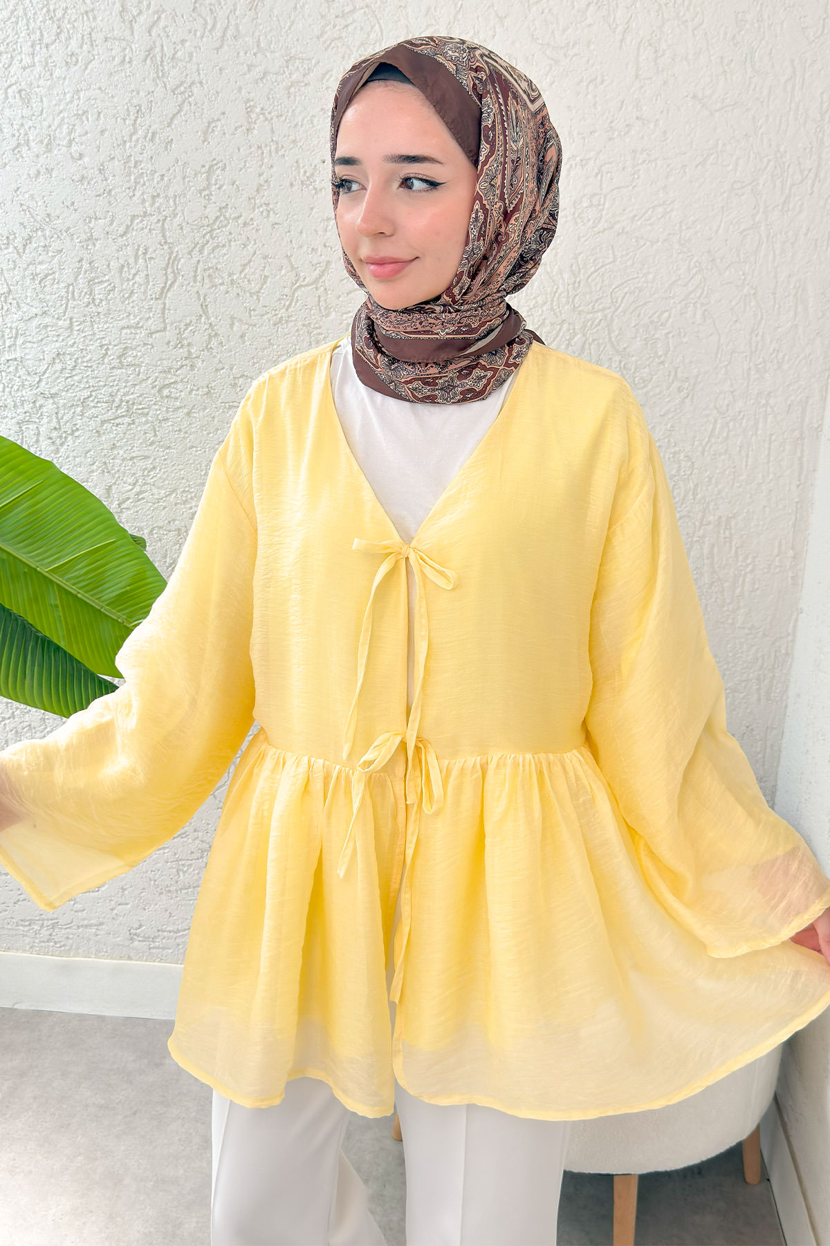 İp Bağcıklı Modal Kimono 2389 - SARI |  